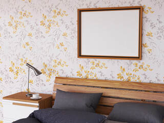 Interior Bedroom Photo Frame Realistic Mockup. 3D Rendering, 3D illustration.