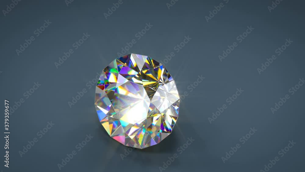 Poster colorful shining brilliant cut diamond rotates. 3d render seamless loop animation