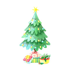 Watercolor Christmas tree with gift boxes.Winter cartoon Illustration for the New year.Watercolour Decorative