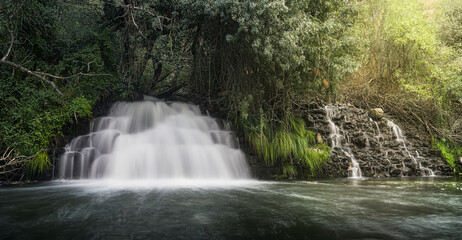 Obraz premium hermosa y bucolica cascada al atardecer entre matorrales y vegetacion verde, en la vera del rio Eresma en la provincia de SEgovia,Castilla y Leon, España