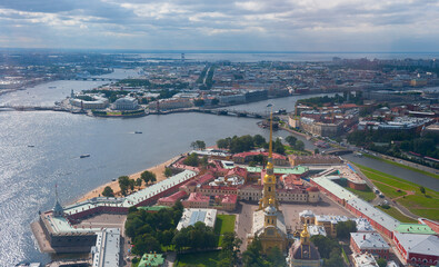 Saint Petersburg - helicopter view of the Peter and Paul fortress and Vasilievsky island. 