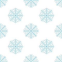 Fototapeta premium Flawless seamless pattern of blue snowflakes on a white background. Winter decor items for postcards, wrapping paper, fabric, wallpaper and more. Stock vector illustration for decoration and design