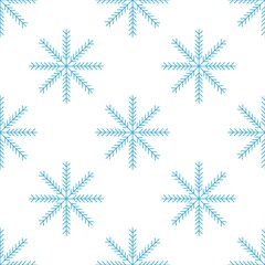 Graceful seamless pattern of blue snowflakes on a white background. Winter decor items for postcards, wrapping paper, fabric, wallpaper and more. Stock vector illustration for decoration and design