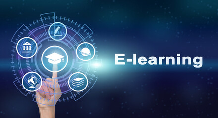 Hand Pressing E-Learning Key On Virtual Screen, Blue Background