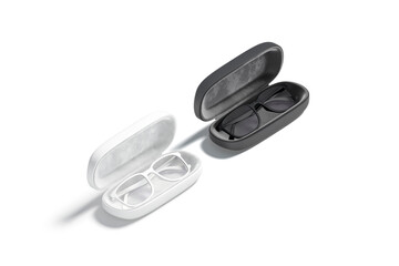 Blank black and white opened case with glasses mockup, isolated