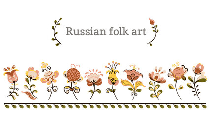 Vector floral ornament border with flowers and birds in russian folk art painting style