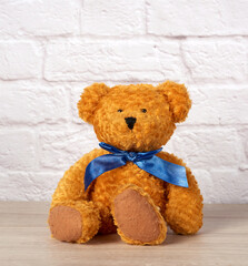 brown teddy bear sits on a white background, children's toy