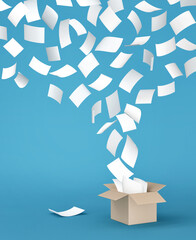 White paper flies out of a cardboard box on blue background