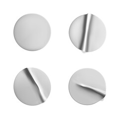 Silver round crumpled stickers with mock up set. Adhesive silver foil or plastic sticker label with wrinkled effect on white background. Blank template label tags. 3d realistic vector