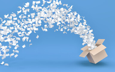 White paperflies out of a cardboard box on blue background