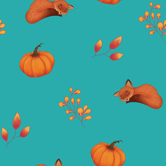 Obraz na płótnie Canvas Sleeping fox with pumpkin, orange yellow flowers, branches on cyan blue background. Seamless cartoon drawing pattern for textile, fabric, prints 