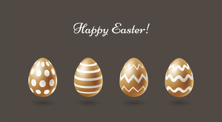Happy Easter greeting card design with realistic golden shiny eggs set with beautiful white ornament. - Vector illustration