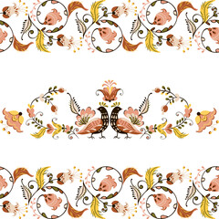 Vector floral ornament border with flowers and birds in russian folk art painting style