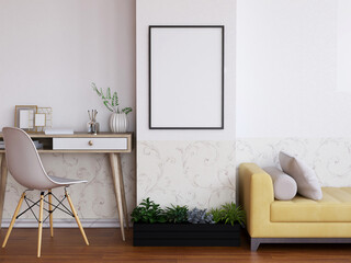 Interior Living Room Photo Frame Realistic Mockup. 3D Rendering, 3D illustration.
