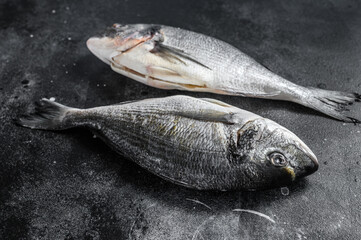 Dorado sea fish. Mediterranean cuisine, healthy cooking concept. black background. top view.