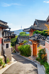 Awesome cozy old narrow street and traditional Korean houses - obrazy, fototapety, plakaty