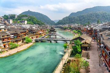 Fototapeta na wymiar Awesome aerial view of Phoenix Ancient Town, Fenghuang, China
