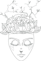 Fantasy cartoon girl with flower and branch, character close up template. Vector illustration in black and white for games, background, pattern, decor. Coloring paper, page, story book