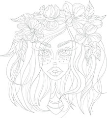 Cartoon girl with flower crown, character close up template. Vector illustration in black and white for games, background, pattern, decor. Coloring paper, page, story book