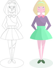 Cartoon blonde girl doll. Light hair young woman flat character template set. Vector illustration in color and black for games, background, pattern, decor. Coloring paper, page, story book