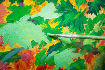 Autumn colorful art brush painting on canvas. Abstract creative oil painter work closeup.