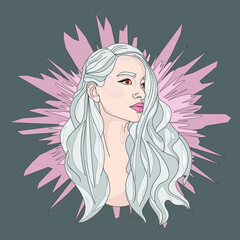 Cartoon girl with long grey silver hair, young woman character close up template. Vector illustration in spikey pastel pink background for games, background, pattern, decor.