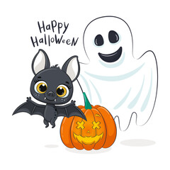 Cute bat, ghost and pumpkin. Happy Halloween card. Vector illustration
