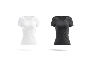 Blank black and white women v-neck t-shirt mockup, isolated