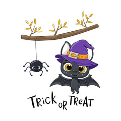 Cute bat with spider under the branch. Happy Halloween card. Vector illustration
