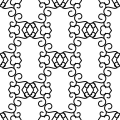 Fototapeta premium Stylish seamless pattern of geometric black calligraphic curls, ornaments on a white background. Vintage prints. Stock vector illustration for decor and design, wallpaper, wrapping paper, fabric.