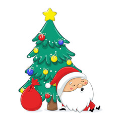 Cute Santa Claus is sleeping near Christmas three. Merry Christmas design.