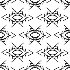 Symbolic seamless pattern of geometric black calligraphic curls, ornaments on a white background. Vintage prints. Stock vector illustration for decor and design, wallpaper, wrapping paper, fabric.