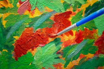 Colorful oil painting. Abstract details of autumn nature picture in painter work process closeup.