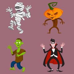 Fototapeta na wymiar Set of monsters in intimidating poses. Halloween characters in cartoon style.