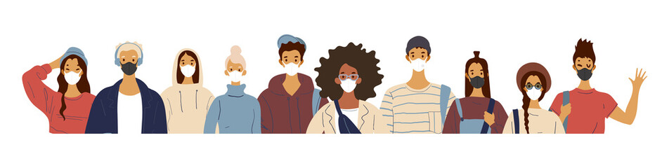 Portraits of men and women of different nationalities wearing medical masks. Virus protection rules. Flat vector illustration. A crowd of masked people