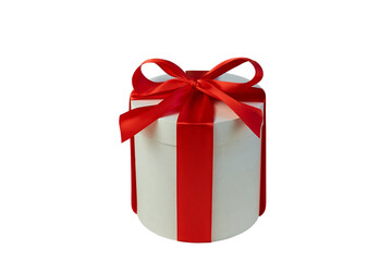 Gift box Present box Big white round gift box with red ribbon isolated on white background
