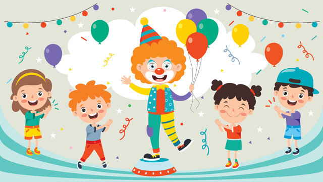 Funny Clown And Happy Children Playing