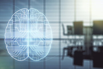 Virtual creative artificial Intelligence hologram with human brain sketch on a modern conference room background. Multiexposure