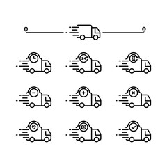 Obraz premium Fast delivery icon in black. Transportation company, distribution service, express relocation. Location signs. Vector on isolated white background. EPS 10