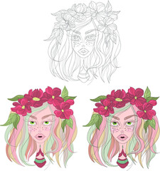 Cartoon girl with colorful hair and flower crown, character in spring and fall colors close up template set. Vector illustration in color and black and white for game. Coloring paper, page, story book