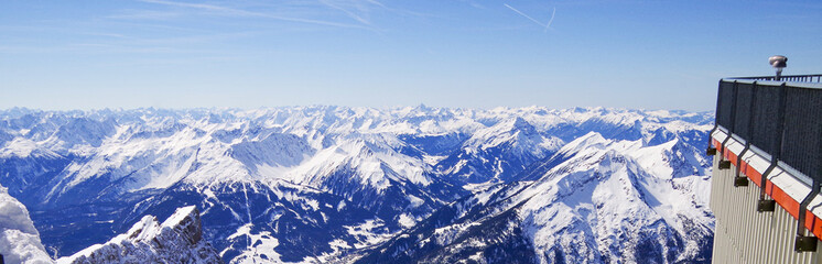 Breathtaking scenic landscape Alpine mountain range view from observation platform on top of...