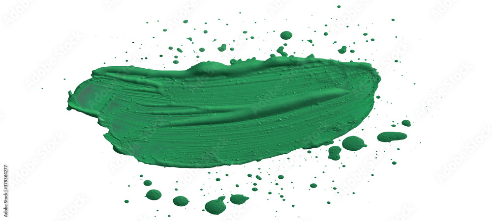 Poster Colorful color acrylic paint background banner - Abstract stroke / splash stains blobs brush of green paint, isolated on white texture