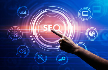 Seo-Optimization Collage, Male Hand Clicking Seo Keyword On Blue Background