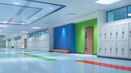School corridor with lockers. 3d illustation