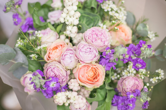 Beautiful bouquet with pink peony roses blossom bubles, gravity, chamelacium, matiola, eucalyptus, brasica in the hands of a beautiful girl on her birthday for a gift.  florist flower arrangement