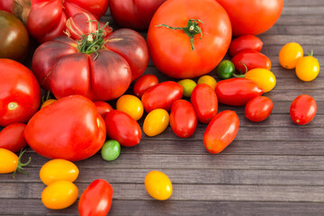 different varieties of ripe red and yellow appetizing tomatoes