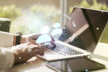 Creative abstract people icons sketch and hands typing on computer keyboard on background, life and...