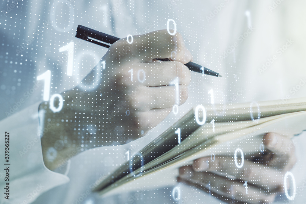 Leinwandbilder double exposure of creative abstract binary code hologram and man hand writing in notebook on backgr
