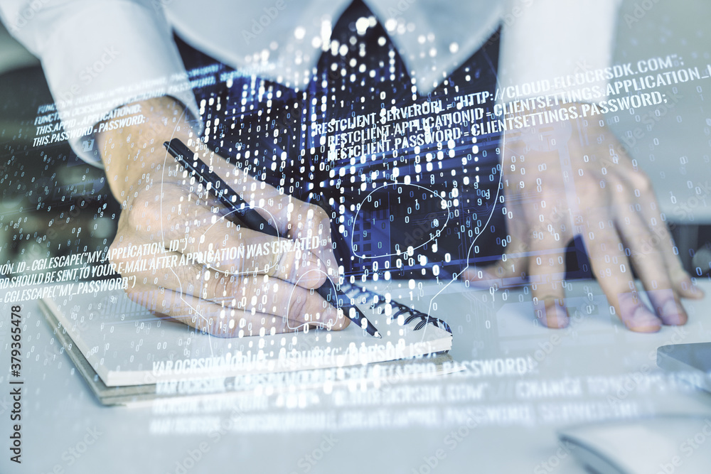 Poster creative code skull hologram and hand writing in diary on background with laptop, cybercrime and hac