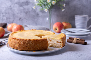 Apple pie with cinnamon and sour cream. Homemade baking. Traditional Russian pie. Close-up.